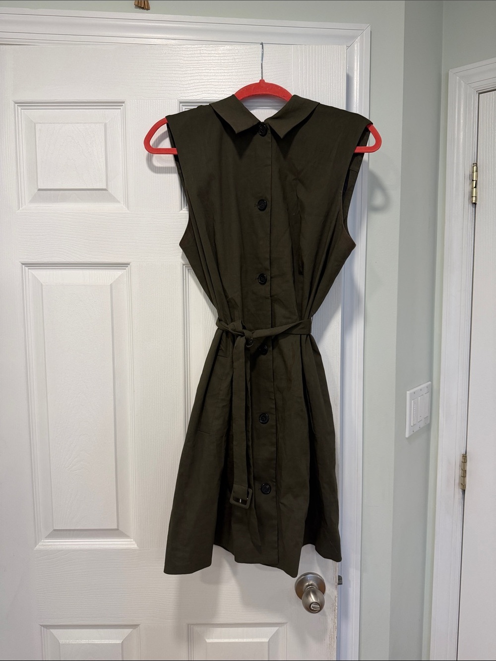 Theory Olive Green Sleeveless Shirt Dress with Waist Tie